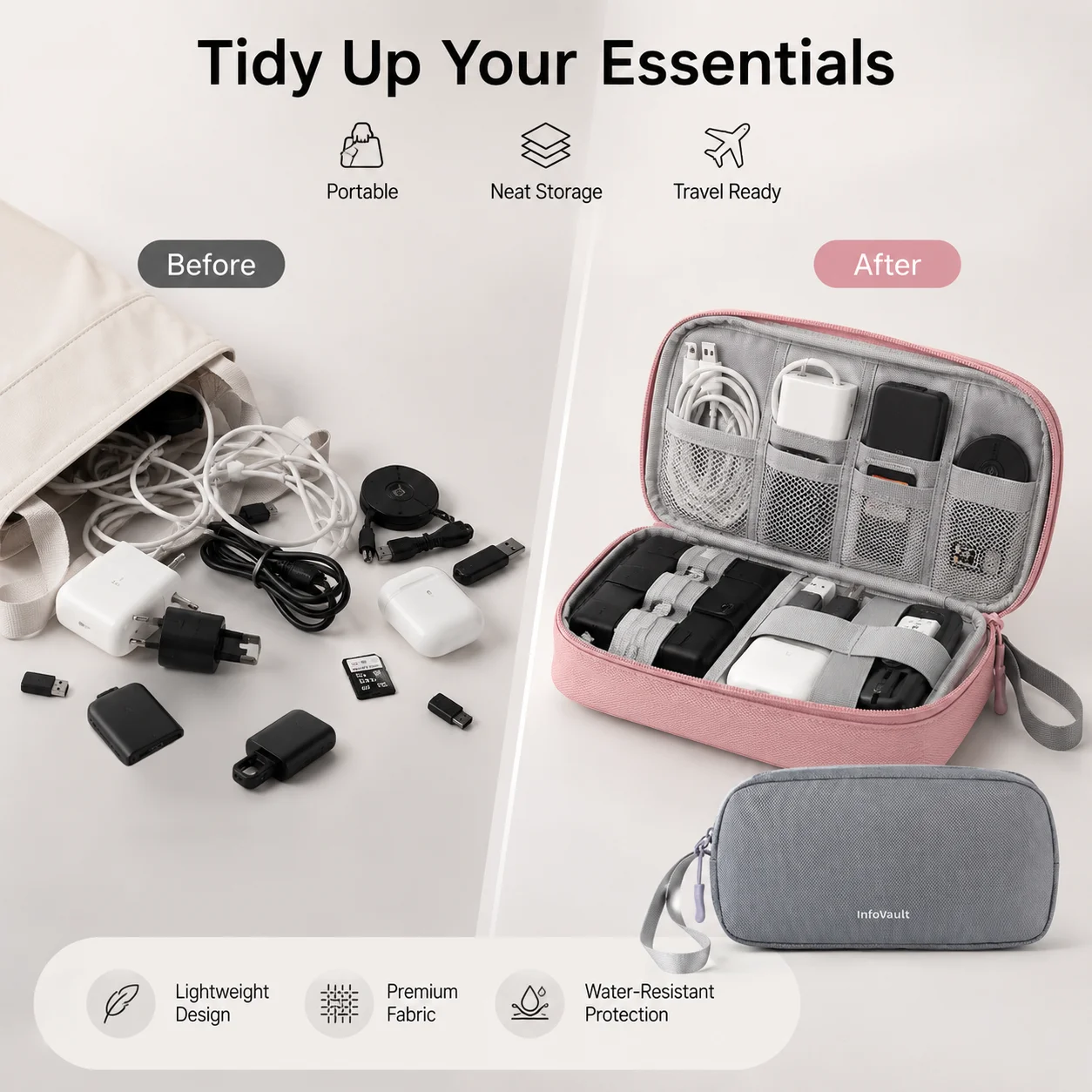 Tech Accessories Hard Case - Double-Layer Cable Organizer Case, Multi-Pocket Tech